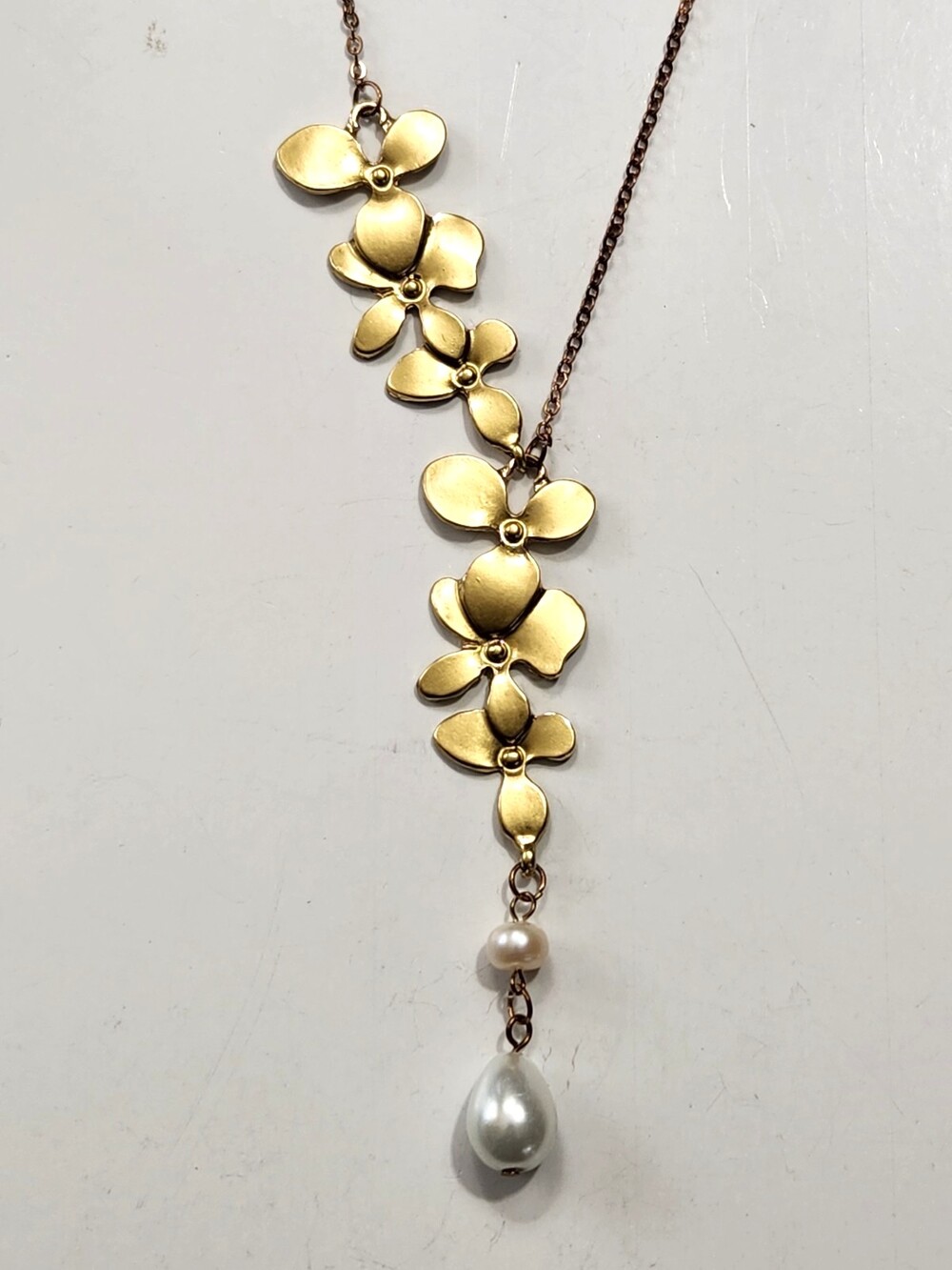 Cascading Orchid Flower Y Necklace Matte Goldtone Coppertone Chain Signed "ep"